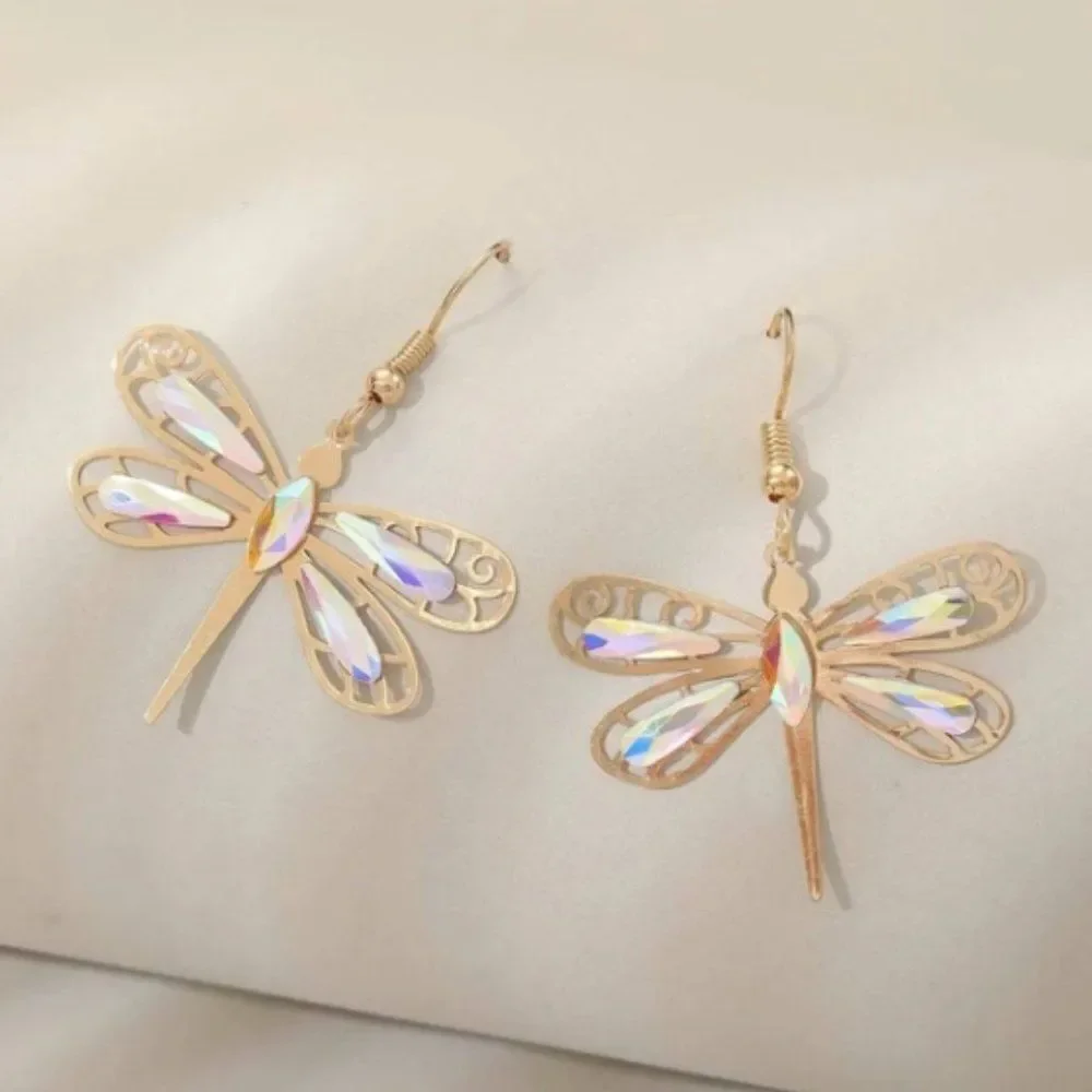 🔅🆕🔅 Boho Iridescent Yellow Gold Dragonfly Drop Earrings✨